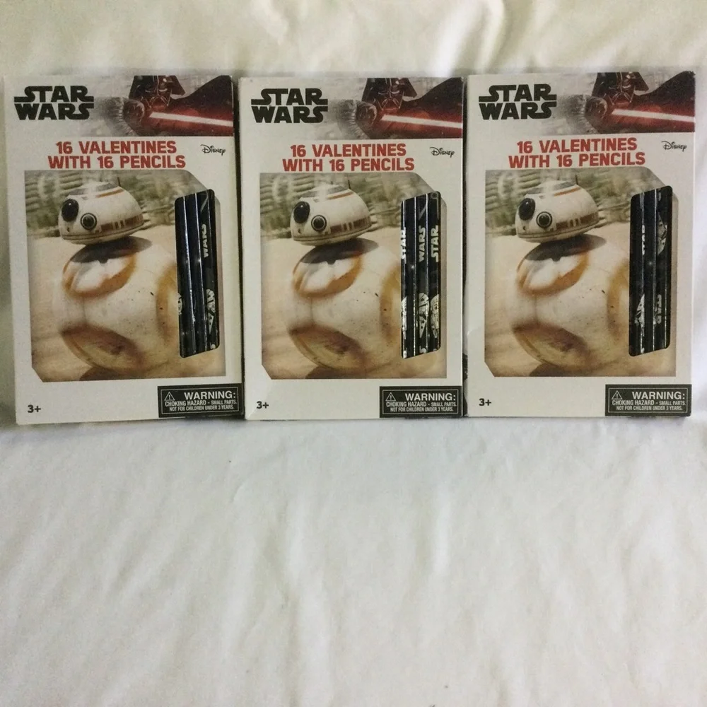 Disney Star Wars BB-8 Valentines Day Cards/Pencil Set/3 Boxes. New 48 total